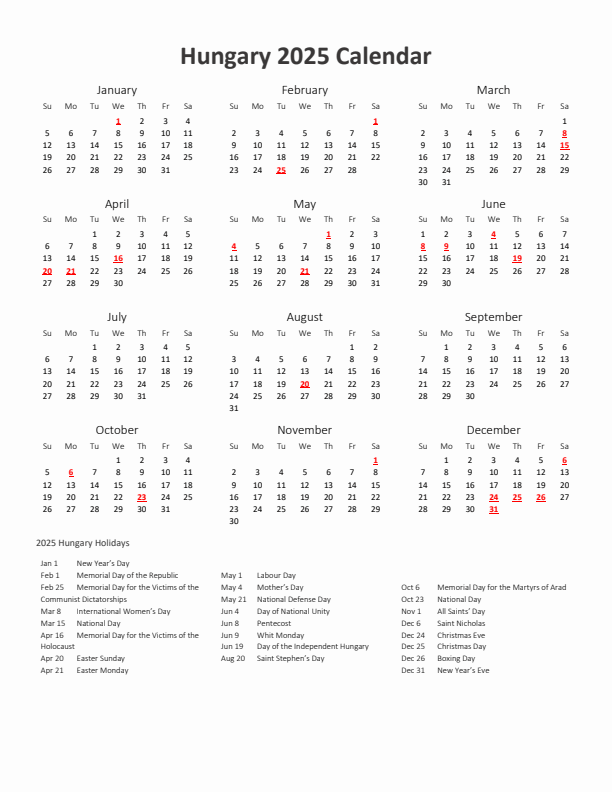 2025 Yearly Calendar Printable With Hungary Holidays