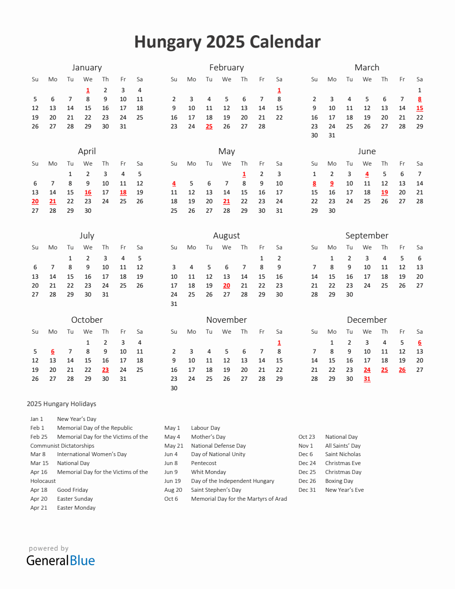 2025 Yearly Calendar Printable With Hungary Holidays