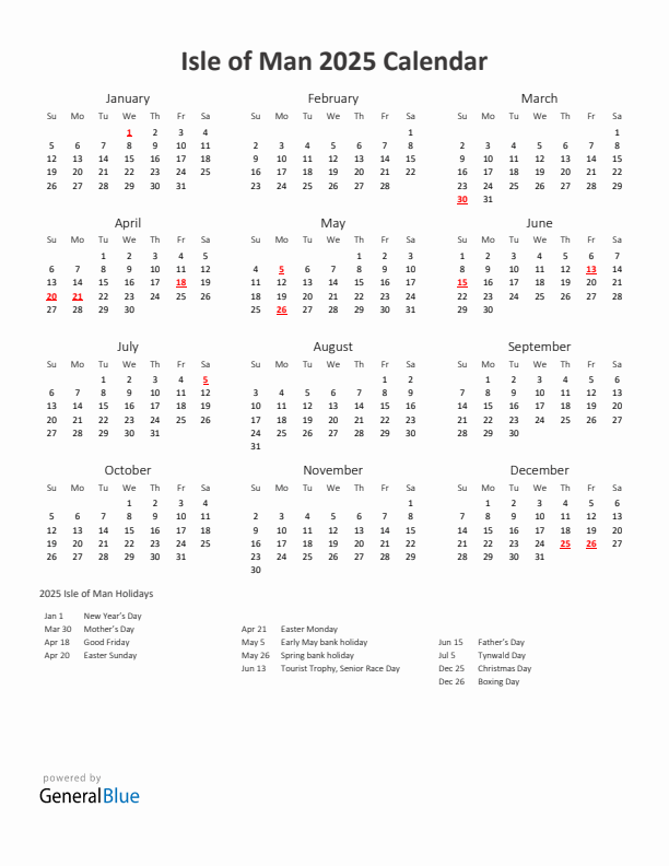 2025 Yearly Calendar Printable With Isle of Man Holidays