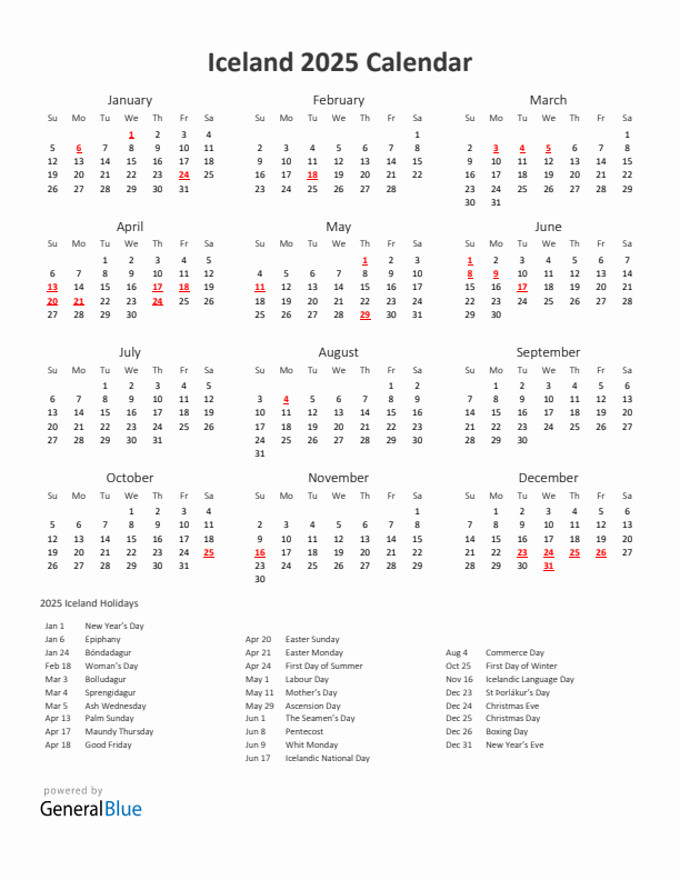 2025 Yearly Calendar Printable With Iceland Holidays