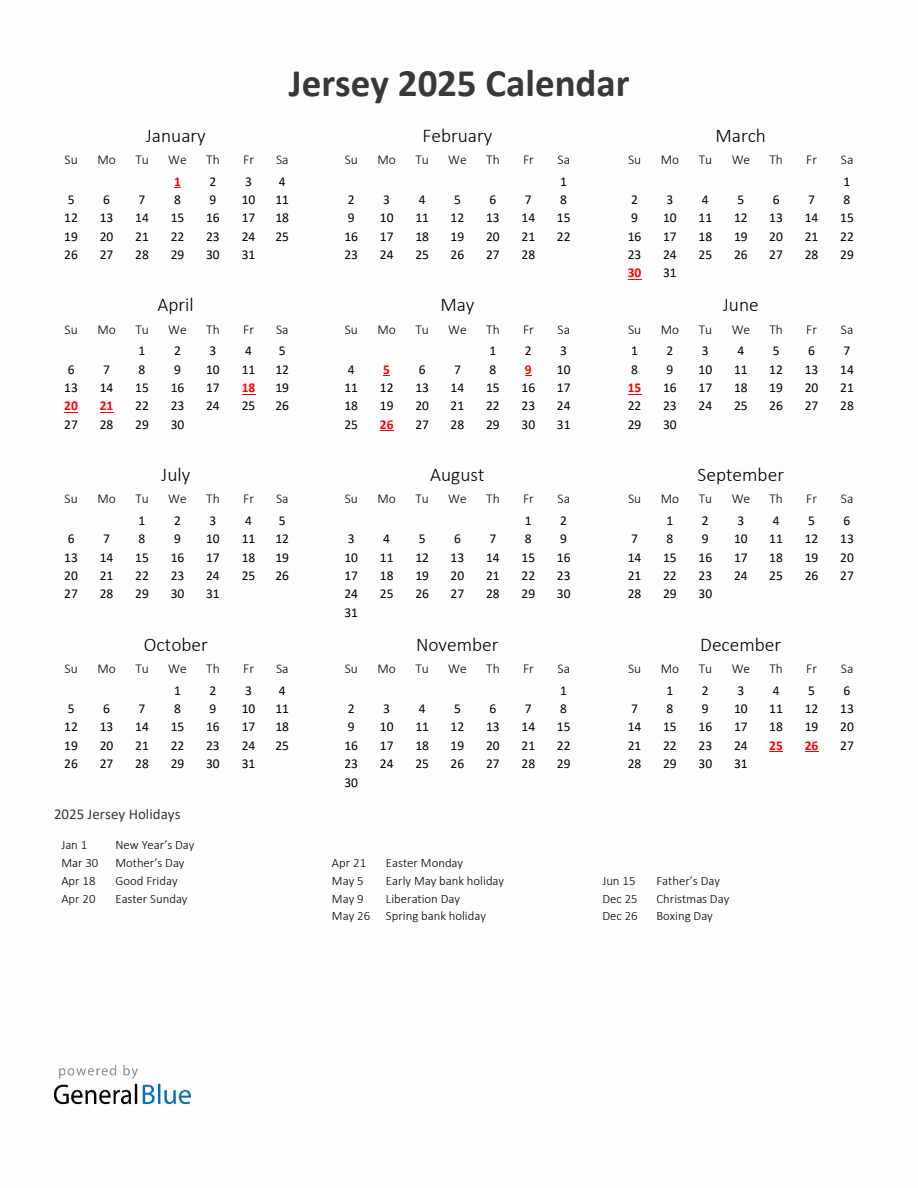 2025 Yearly Calendar Printable With Jersey Holidays