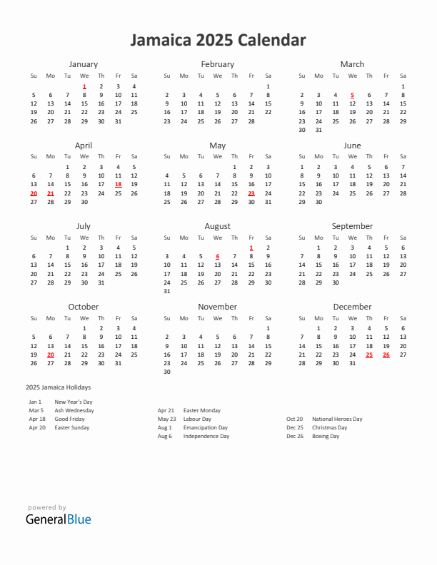 2025 Yearly Calendar Printable With Jamaica Holidays