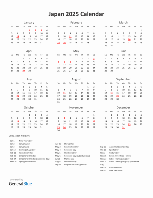 2025 Yearly Calendar Printable With Japan Holidays