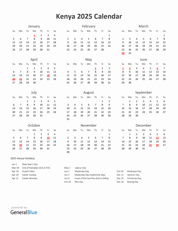 2025 Yearly Calendar Printable With Kenya Holidays