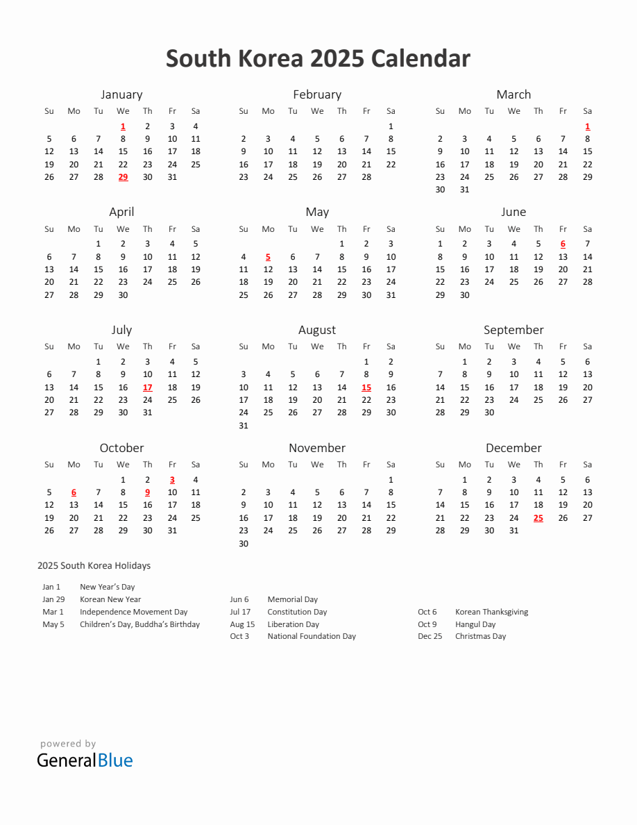 2025 Yearly Calendar Printable With South Korea Holidays