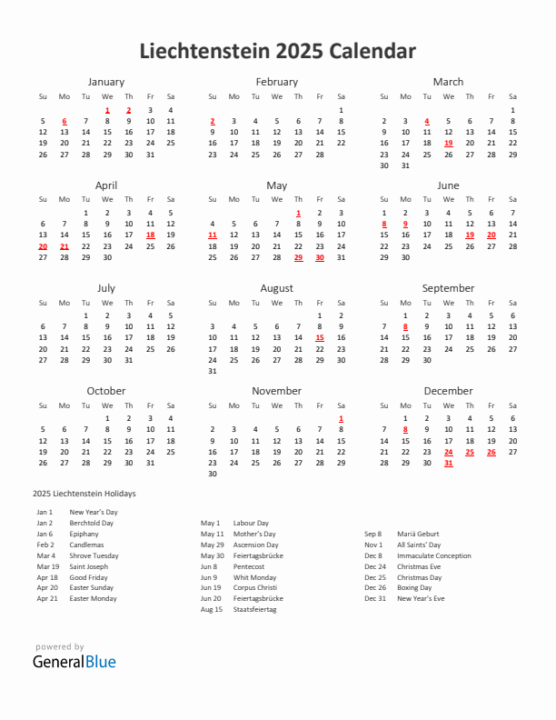 2025 Yearly Calendar Printable With Liechtenstein Holidays