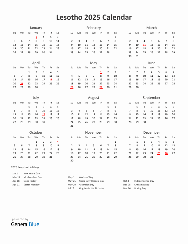 2025 Yearly Calendar Printable With Lesotho Holidays