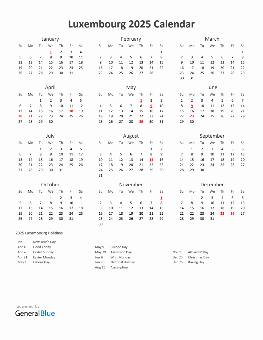 2025 Yearly Calendar Printable With Luxembourg Holidays