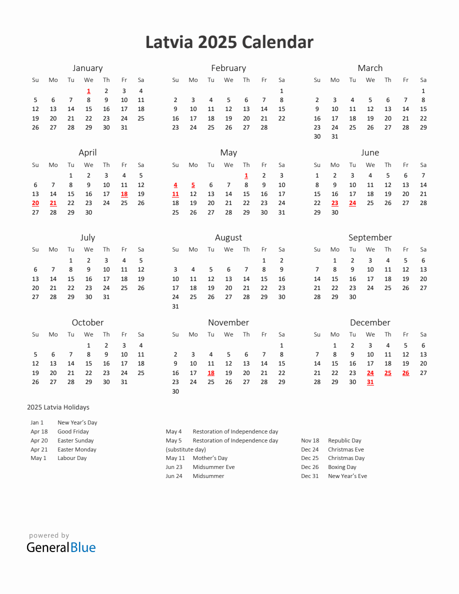 2025 Yearly Calendar Printable With Latvia Holidays