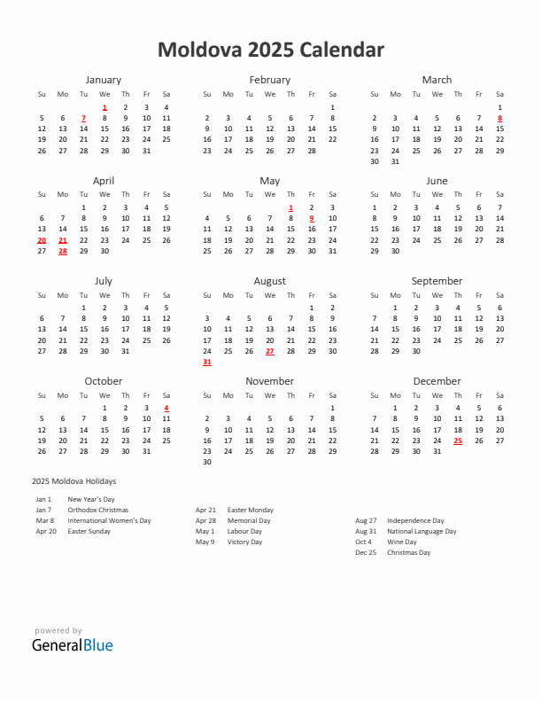 2025 Yearly Calendar Printable With Moldova Holidays