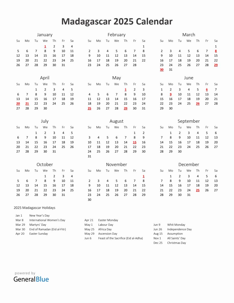 2025 Yearly Calendar Printable With Madagascar Holidays