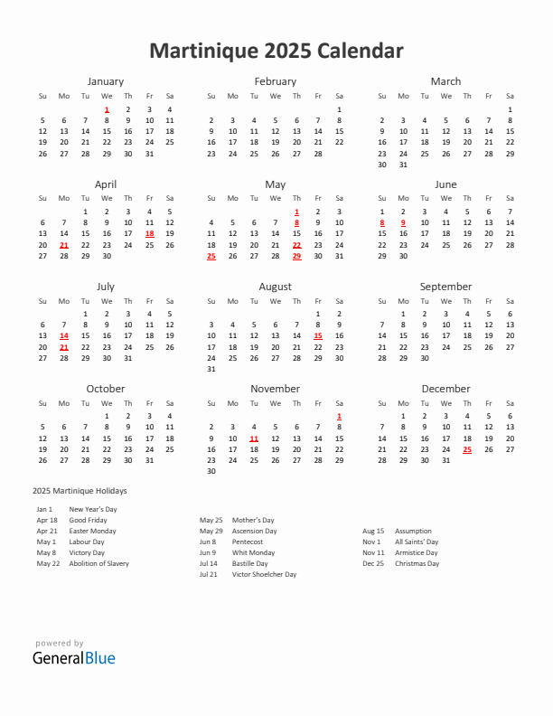 2025 Yearly Calendar Printable With Martinique Holidays