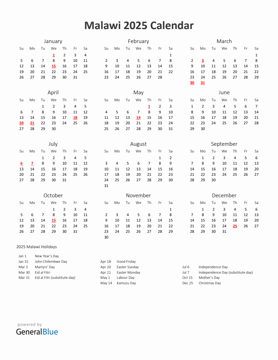2025 Yearly Calendar Printable With Malawi Holidays