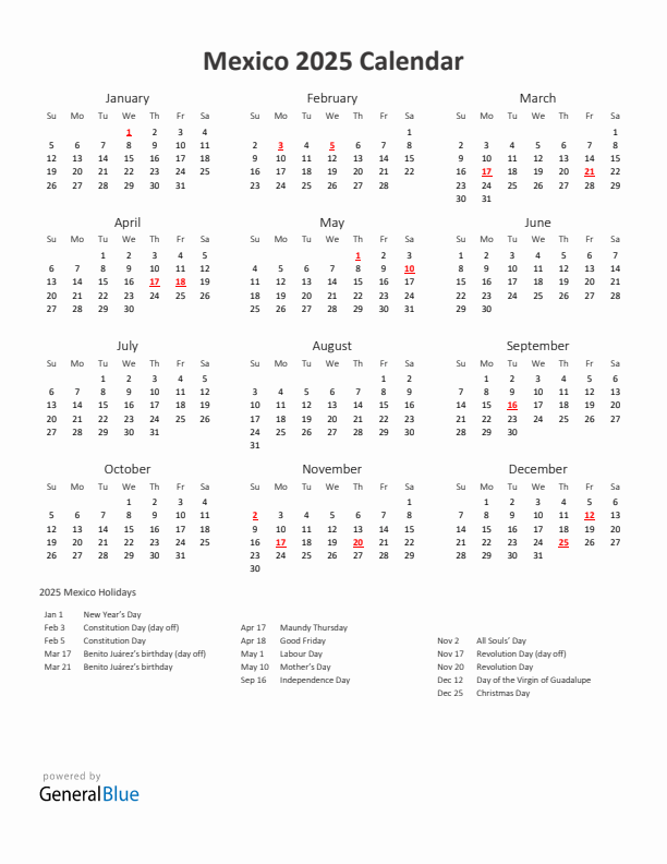 2025 Yearly Calendar Printable With Mexico Holidays
