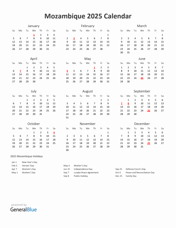 2025 Yearly Calendar Printable With Mozambique Holidays