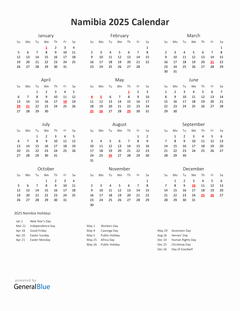 Calendar 2025 Namibia 