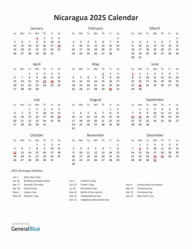 2025 Yearly Calendar Printable With Nicaragua Holidays