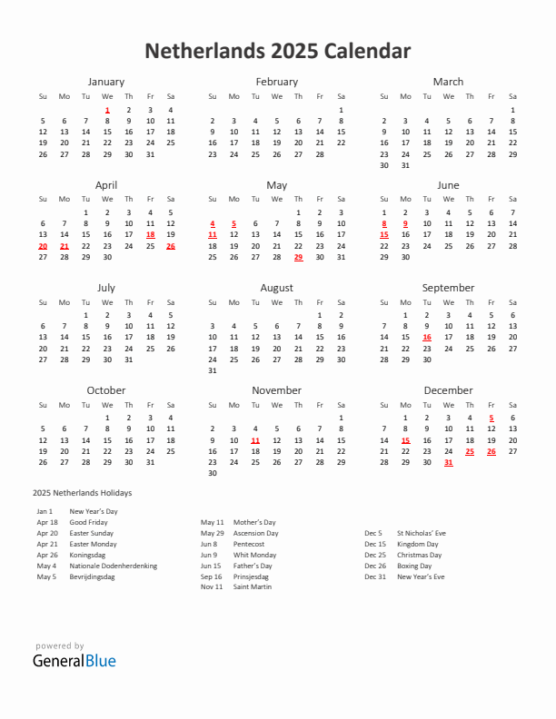 2025 Yearly Calendar Printable With The Netherlands Holidays