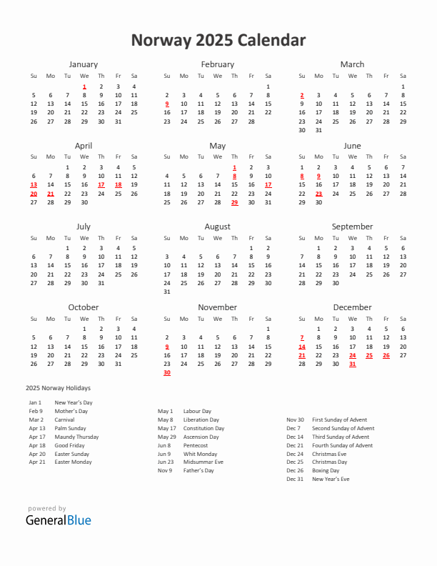 2025 Yearly Calendar Printable With Norway Holidays