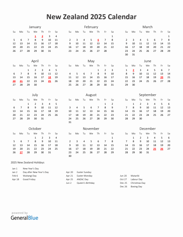 2025 Yearly Calendar Printable With New Zealand Holidays
