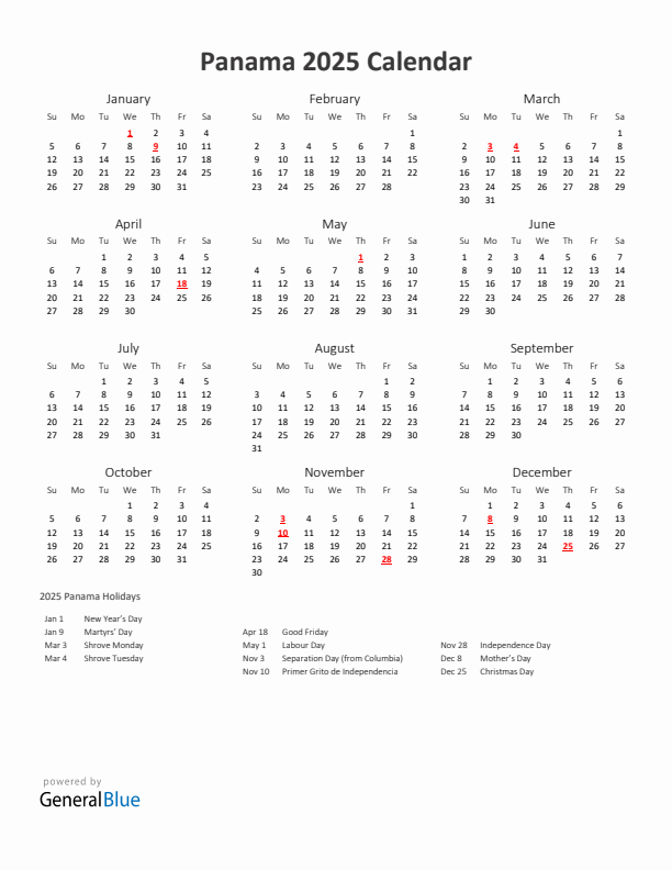 2025 Yearly Calendar Printable With Panama Holidays