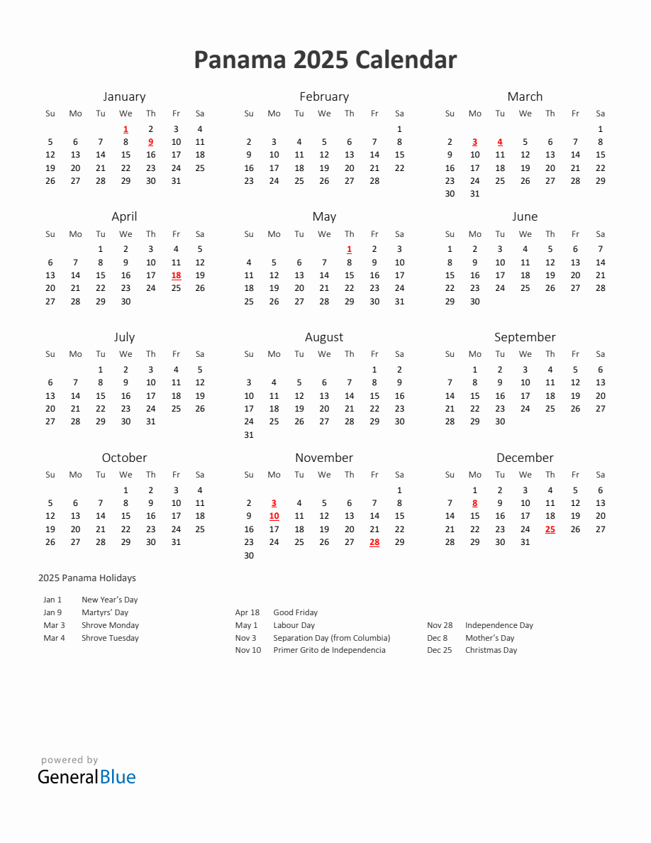 2025 Yearly Calendar Printable With Panama Holidays