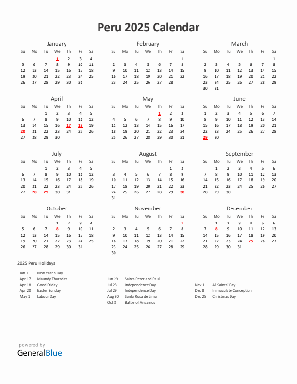 2025 Yearly Calendar Printable With Peru Holidays