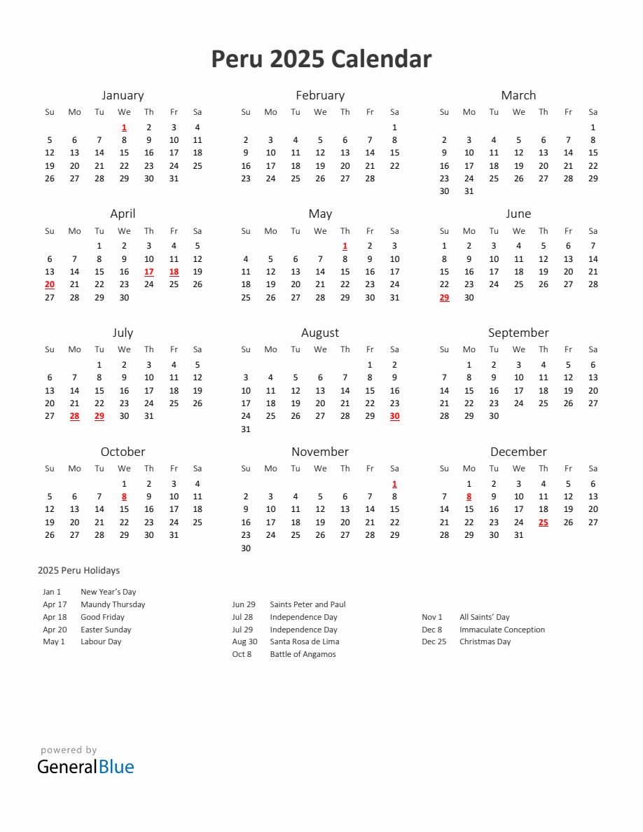 2025 Yearly Calendar Printable With Peru Holidays