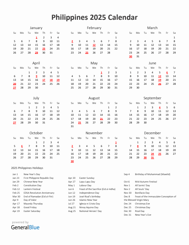 2025 Yearly Calendar Printable With Philippines Holidays