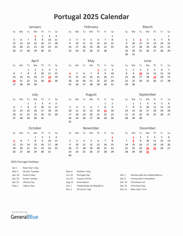 2025 Yearly Calendar Printable With Portugal Holidays