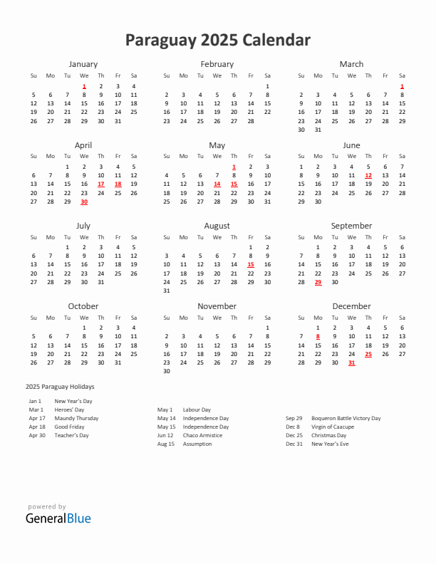 2025 Yearly Calendar Printable With Paraguay Holidays