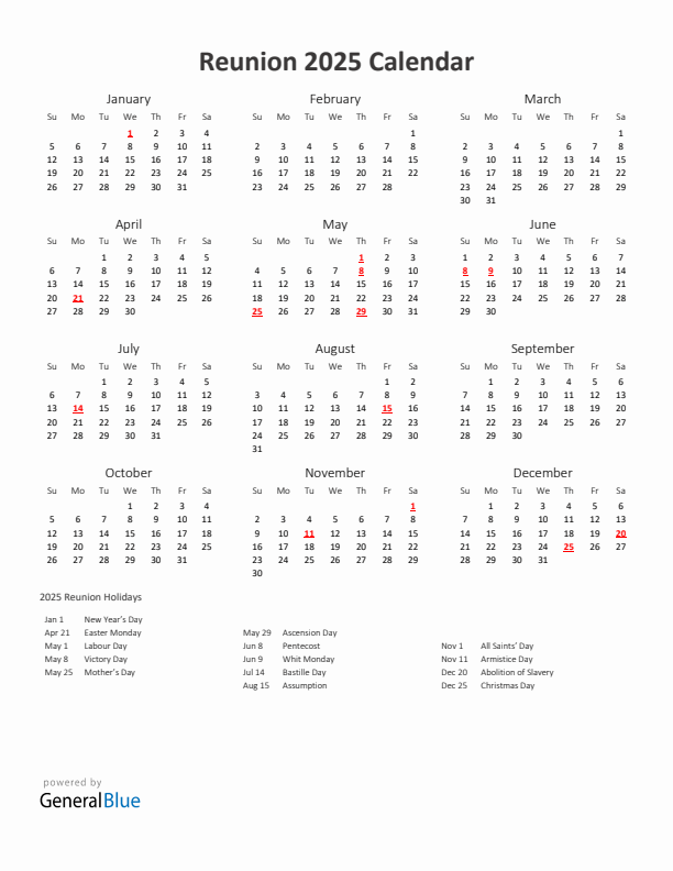 2025 Yearly Calendar Printable With Reunion Holidays