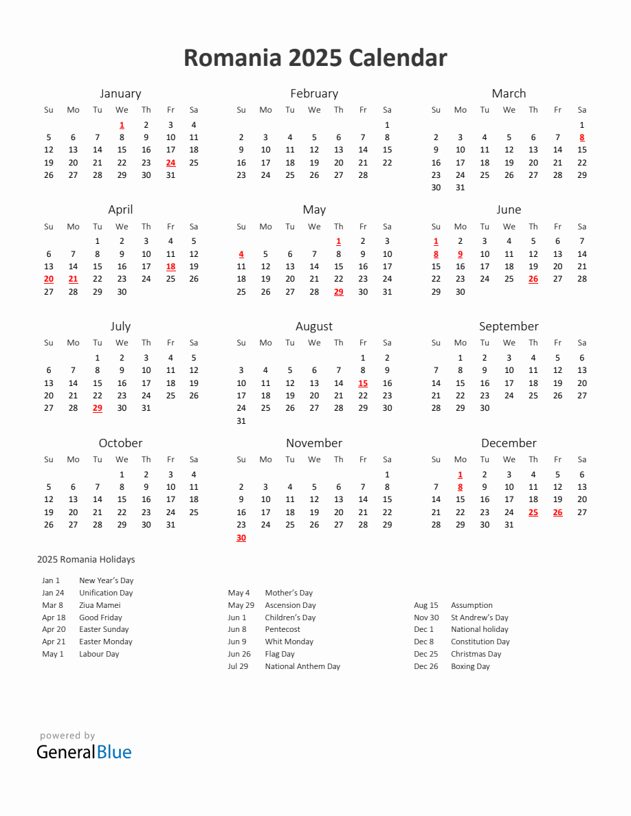 2025 Yearly Calendar Printable With Romania Holidays