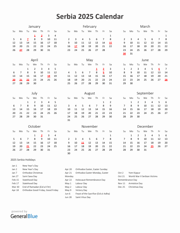 2025 Yearly Calendar Printable With Serbia Holidays
