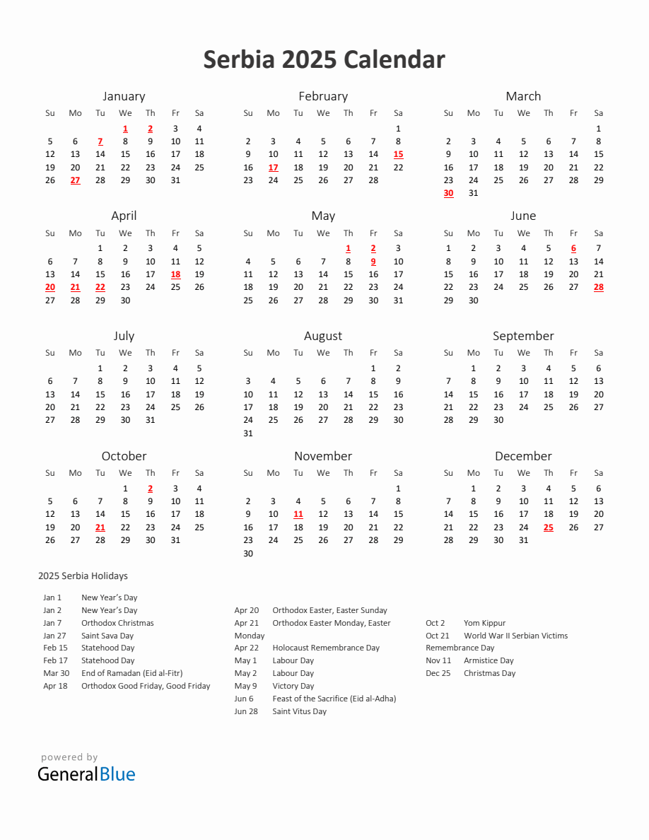 2025 Yearly Calendar Printable With Serbia Holidays