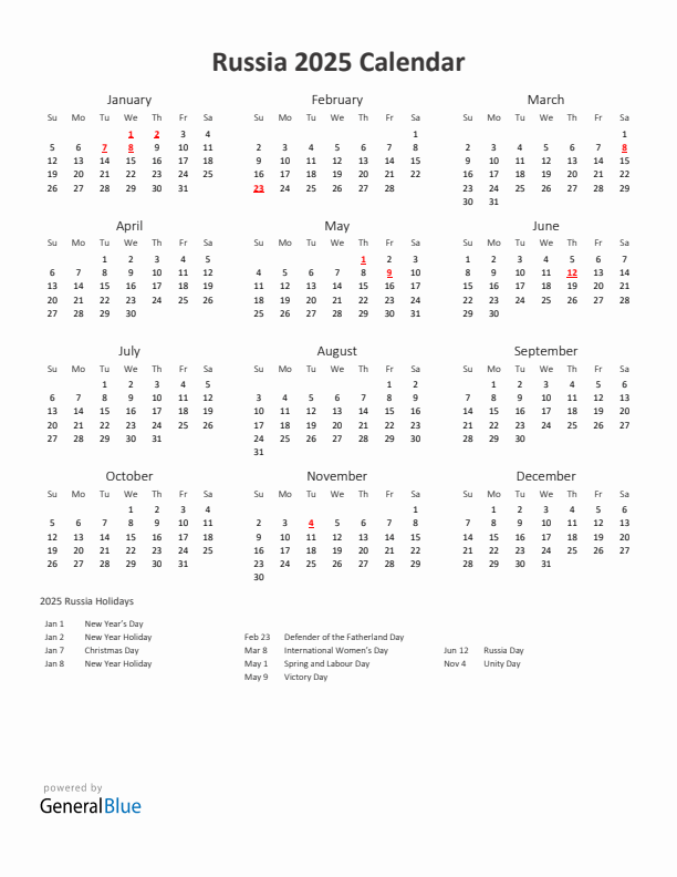 2025 Yearly Calendar Printable With Russia Holidays