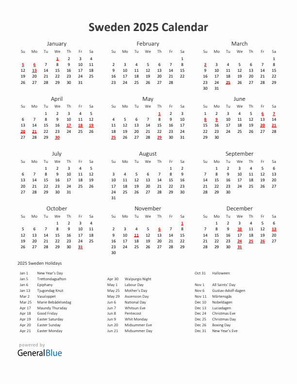 2025 Yearly Calendar Printable With Sweden Holidays