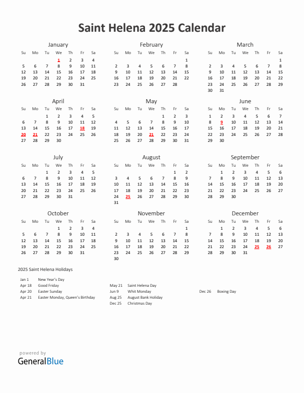 2025 Yearly Calendar Printable With Saint Helena Holidays