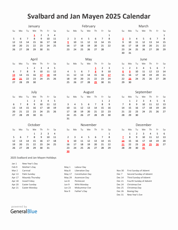 2025 Yearly Calendar Printable With Svalbard and Jan Mayen Holidays