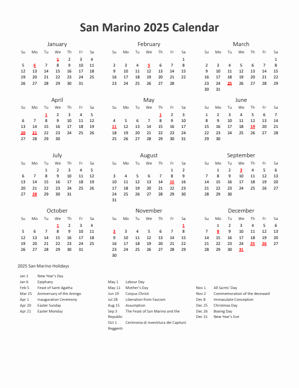2025 Yearly Calendar Printable With San Marino Holidays