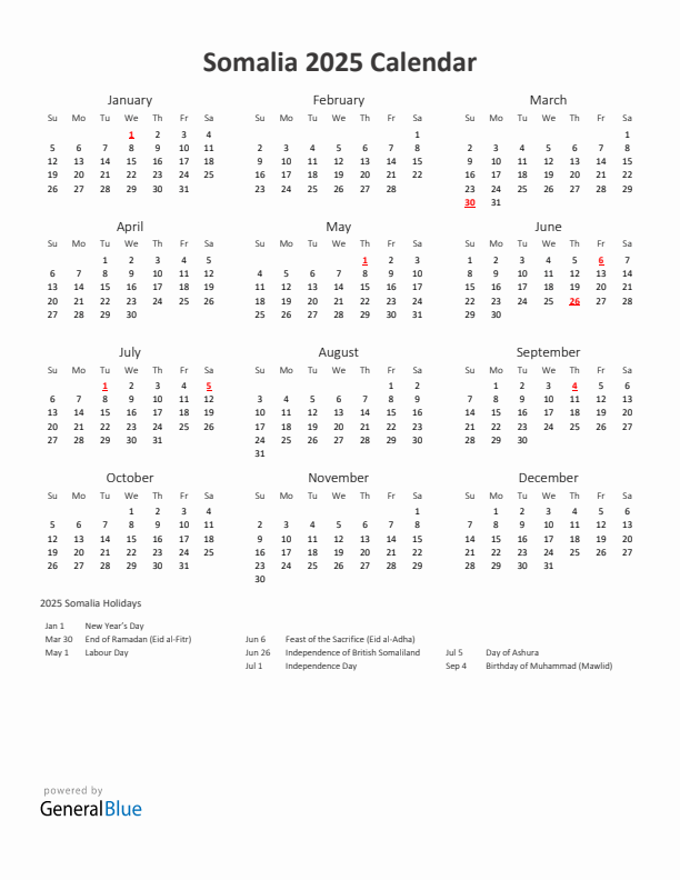2025 Yearly Calendar Printable With Somalia Holidays