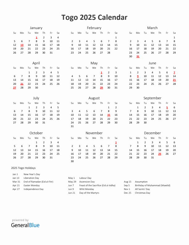 2025 Yearly Calendar Printable With Togo Holidays