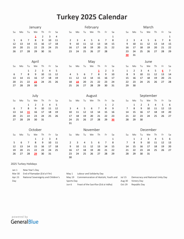 2025 Turkey Calendar with Holidays