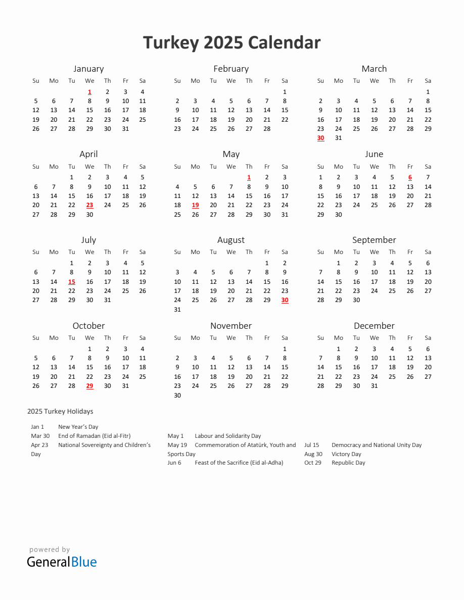 2025 Yearly Calendar Printable With Turkey Holidays