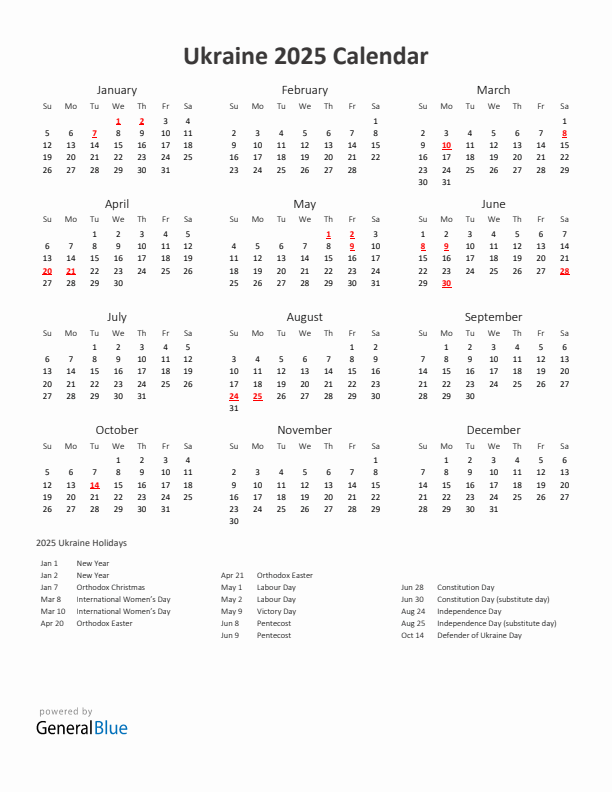 2025 Yearly Calendar Printable With Ukraine Holidays
