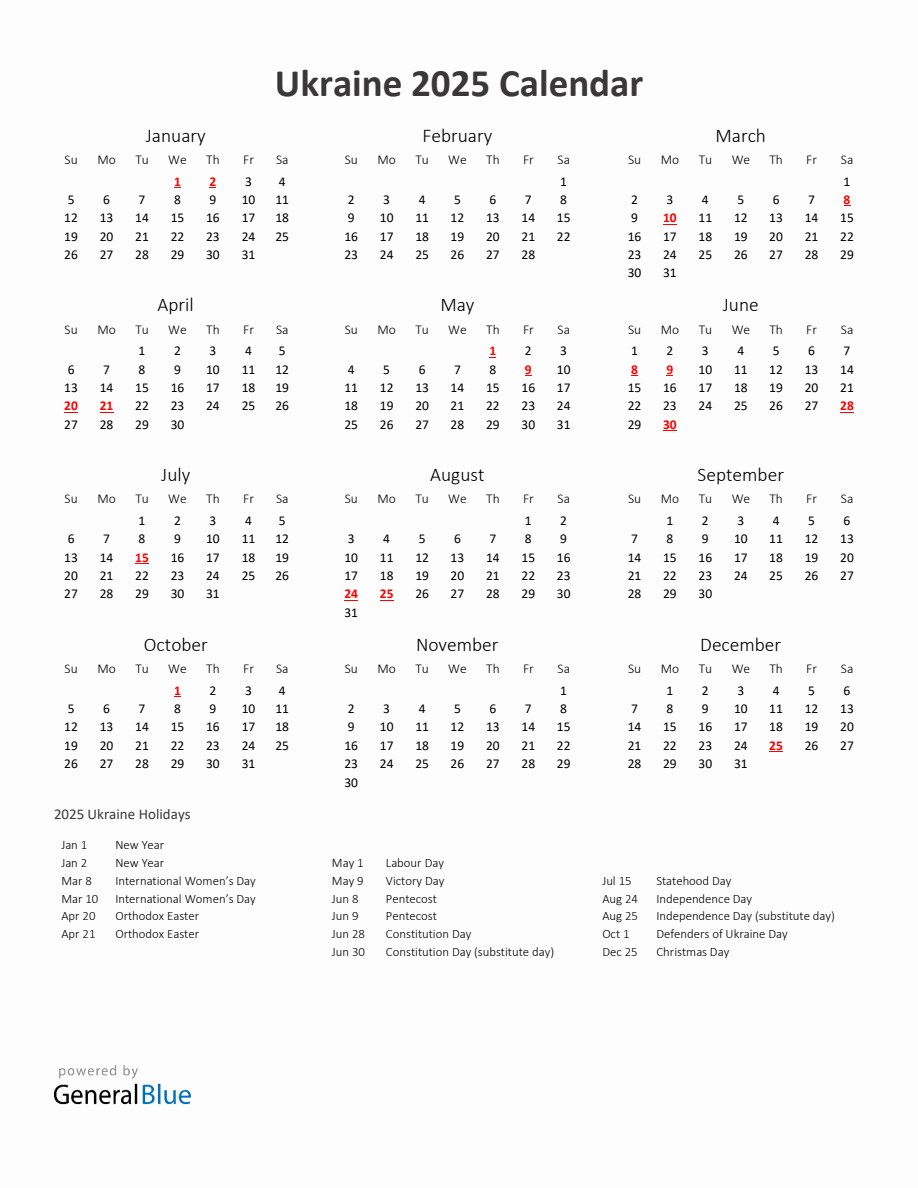 2025 Yearly Calendar Printable With Ukraine Holidays