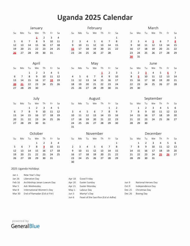 2025 Yearly Calendar Printable With Uganda Holidays