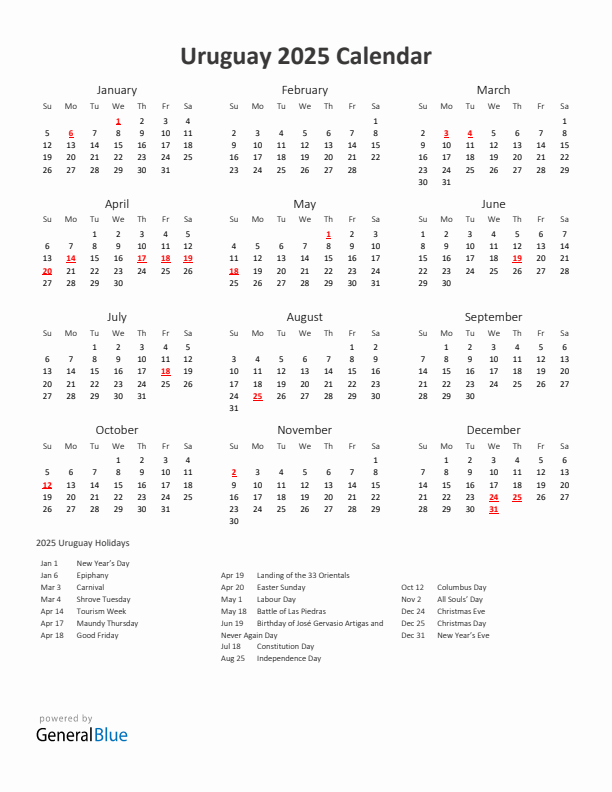 2025 Yearly Calendar Printable With Uruguay Holidays