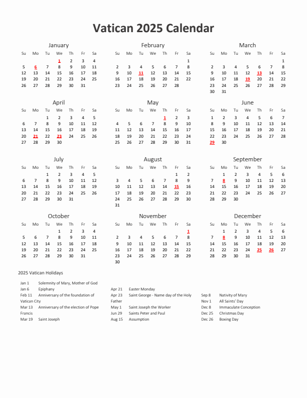 2025 Yearly Calendar Printable With Vatican Holidays