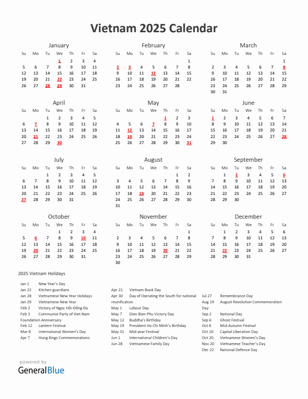 2025 Yearly Calendar Printable With Vietnam Holidays